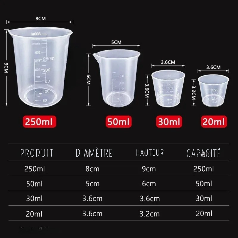 Lot de 6 verres doseurs gradués en plastique transparent – Tasses de mesure pour cuisine et pâtisserie