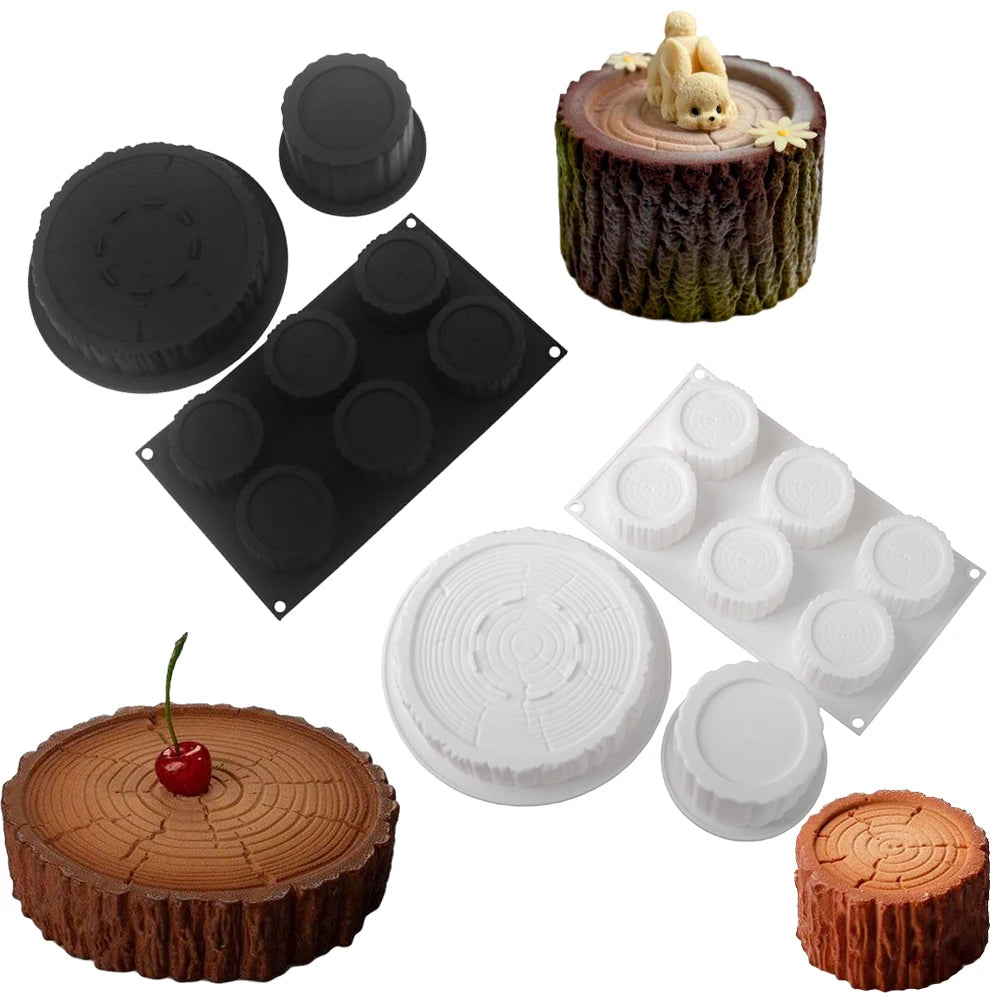Moules en silicone tronc d’arbre blancs et noirs et entremets terminés