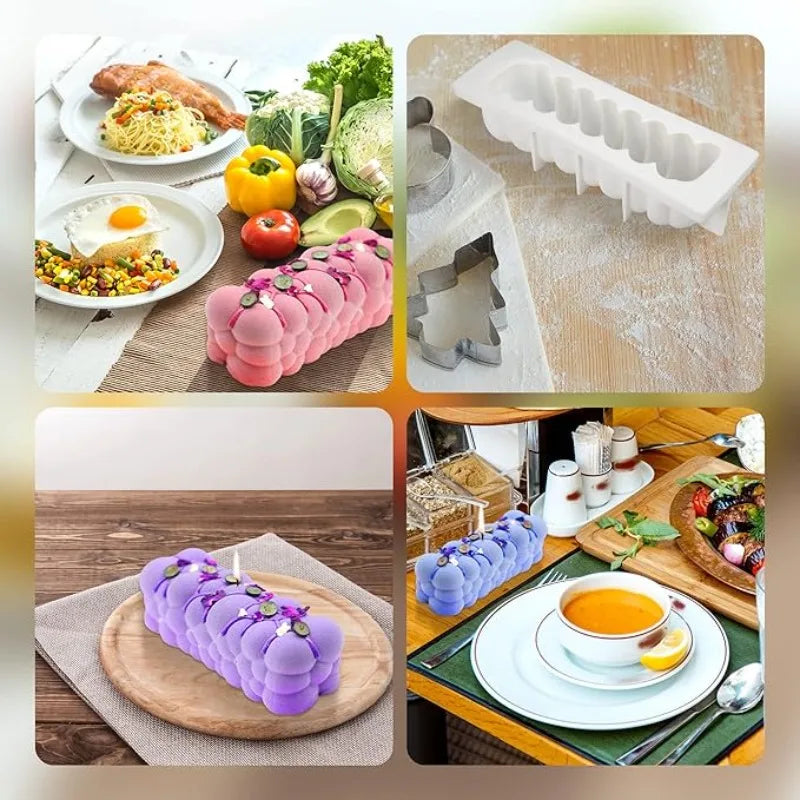 Entremets mauve au relief 3D en bulles servi sur une planche en bois