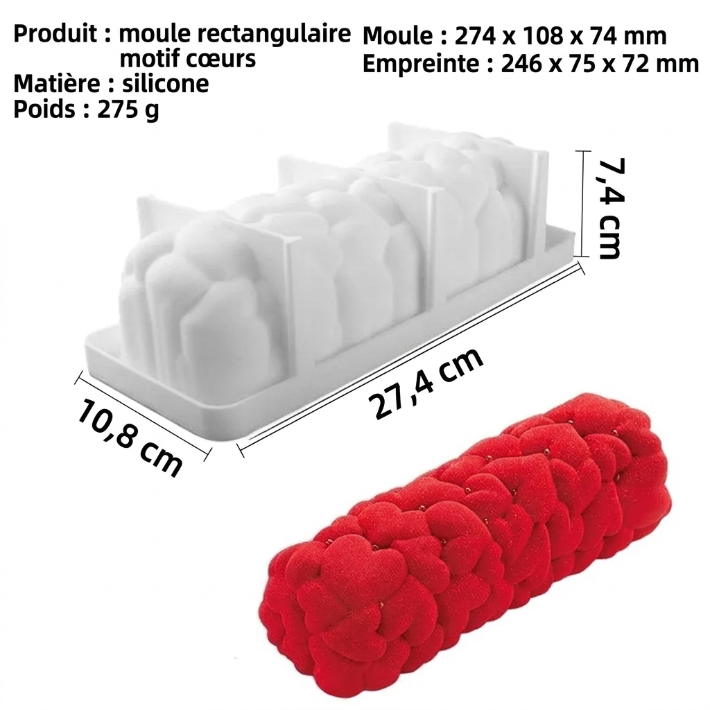 Moule à bûche de Noël 3D en silicone – modèle cœurs – version française