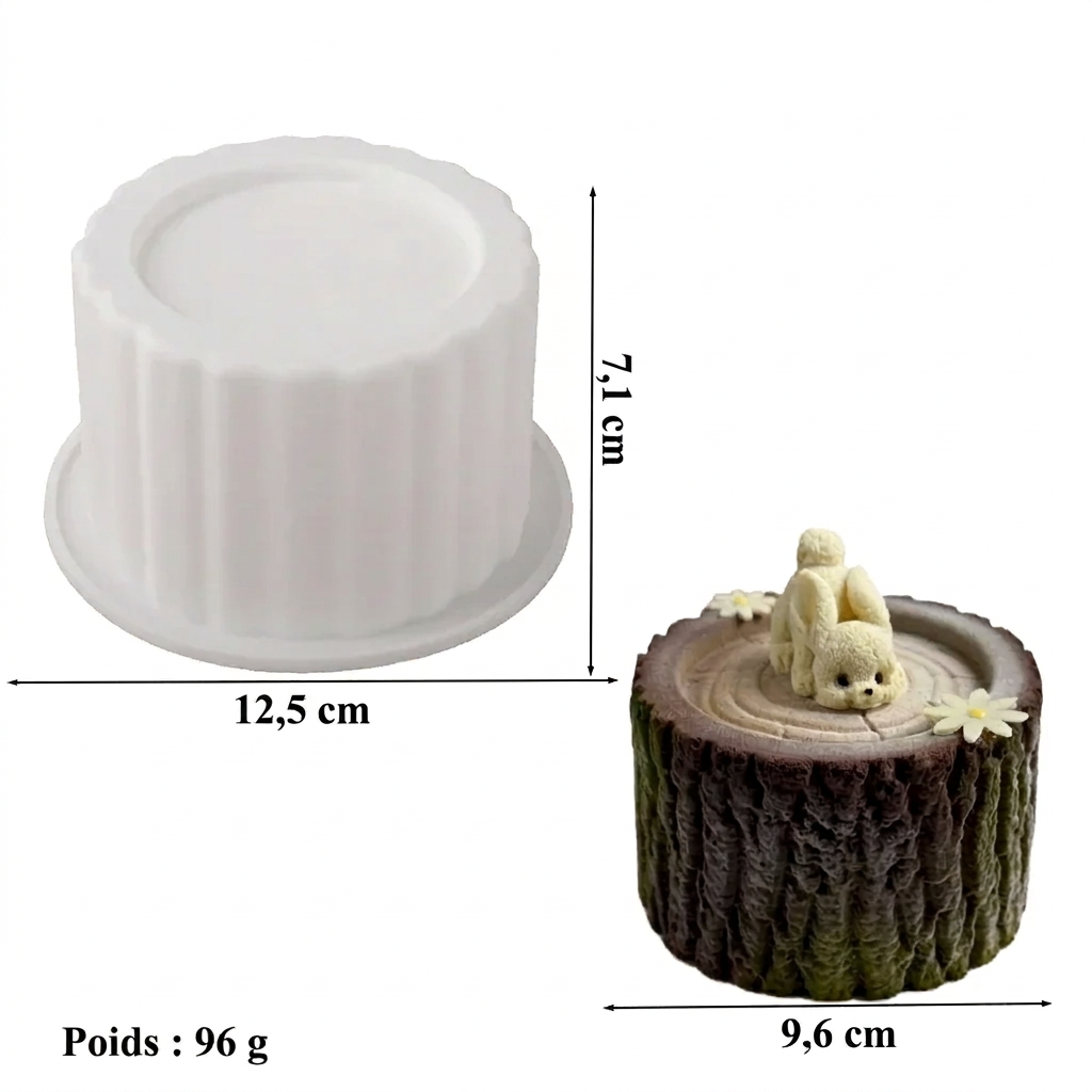 Dimensions du moule tronc d’arbre en silicone : 7,1 cm de haut, 12,5 cm de diamètre – version française