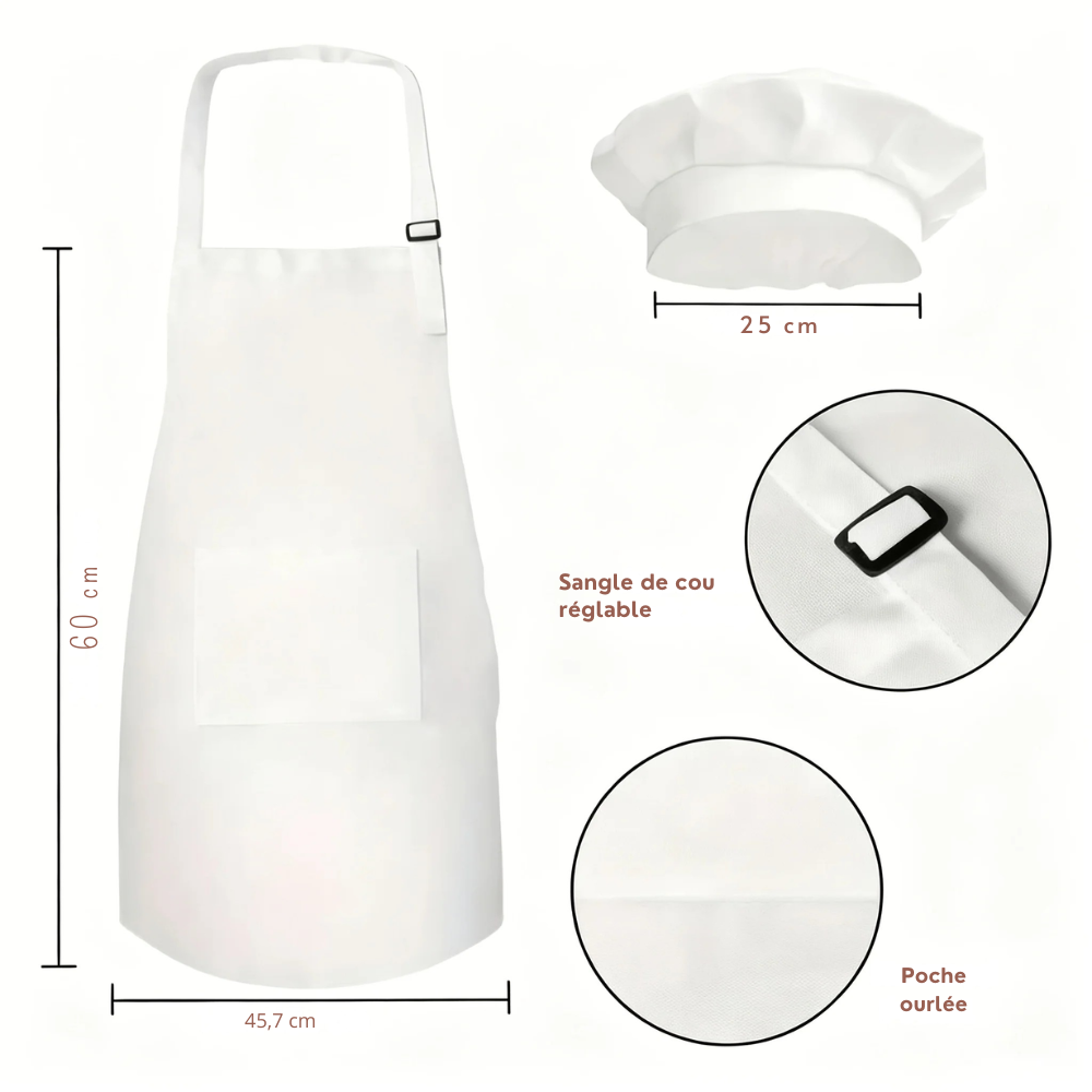 Dimensions du tablier enfant et du chapeau de chef, sangle réglable et poche ourlée