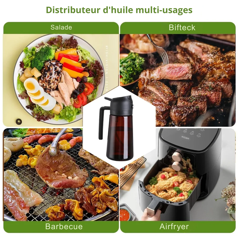 Spray huile olive 2-en-1 – Bouteille en verre étanche pour cuisson, airfryer, salades et barbecue