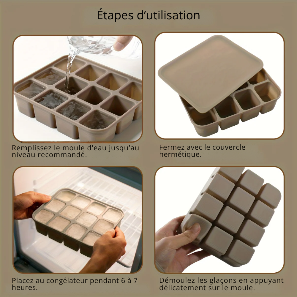 Bac à Glaçons en Silicone 12 Cubes avec Couvercle