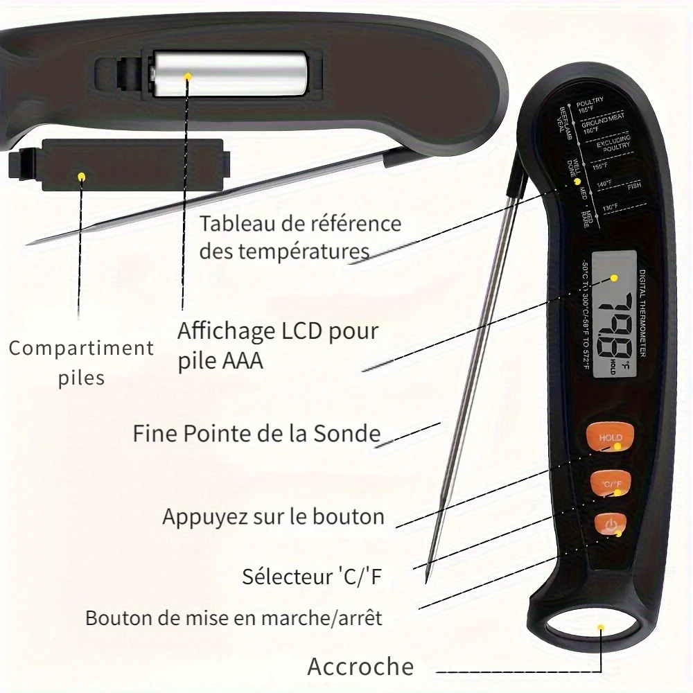 Thermomètre de Cuisine Numérique Pliable à Lecture Instantanée