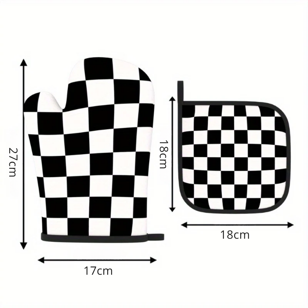 Lot de 2 Paires de Gants et Dessous de Plat Résistants à la Chaleur à Carreaux Noir & Blanc