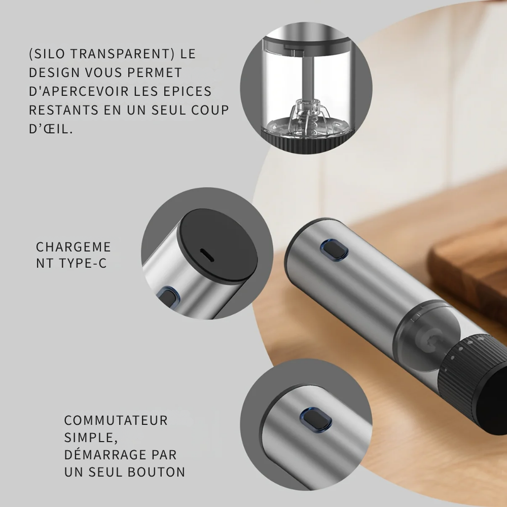 Moulin à Poivre Électrique Rechargeable USB avec broyage en céramique