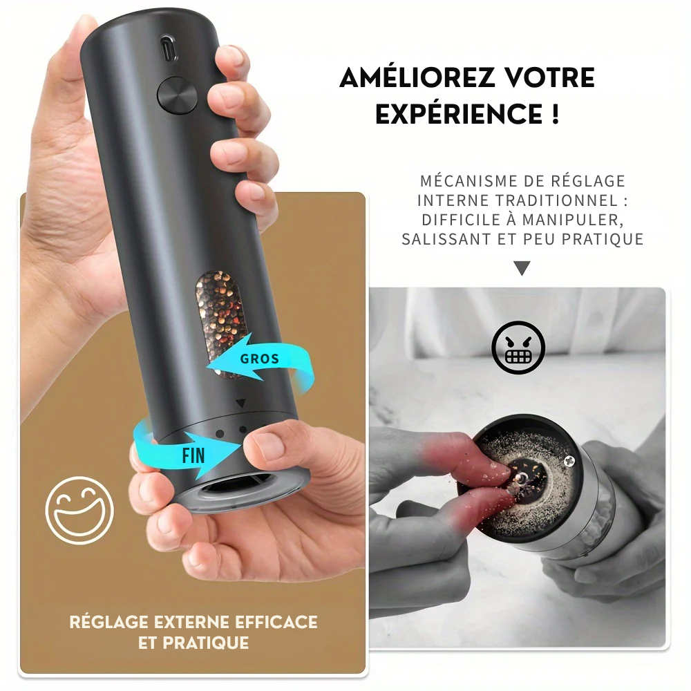 Moulin à Poivre Électrique Rechargeable avec Réglage de la Mouture