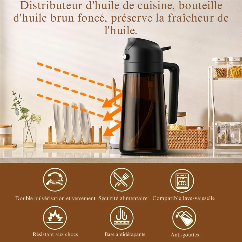 Spray huile olive 2-en-1 – Bouteille en verre étanche pour cuisson, airfryer, salades et barbecue