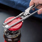 Ouvre-bocal réglable en inox sur un bocal à couvercle rouge