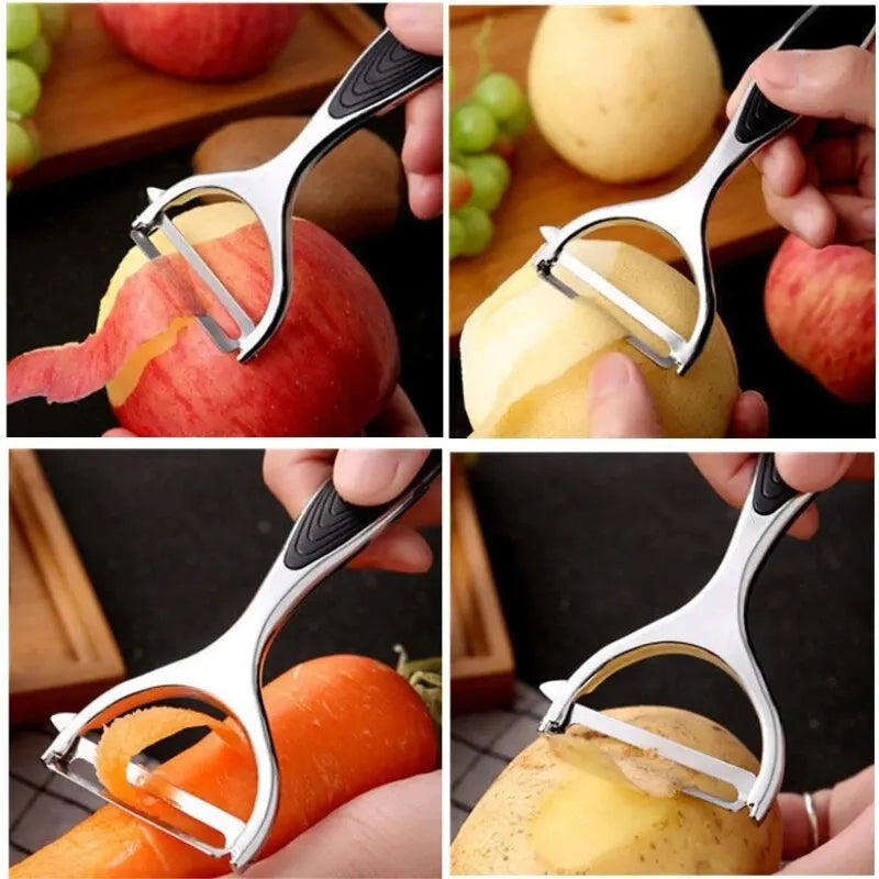 Économe en inox épluchant pomme, pomme de terre et carotte