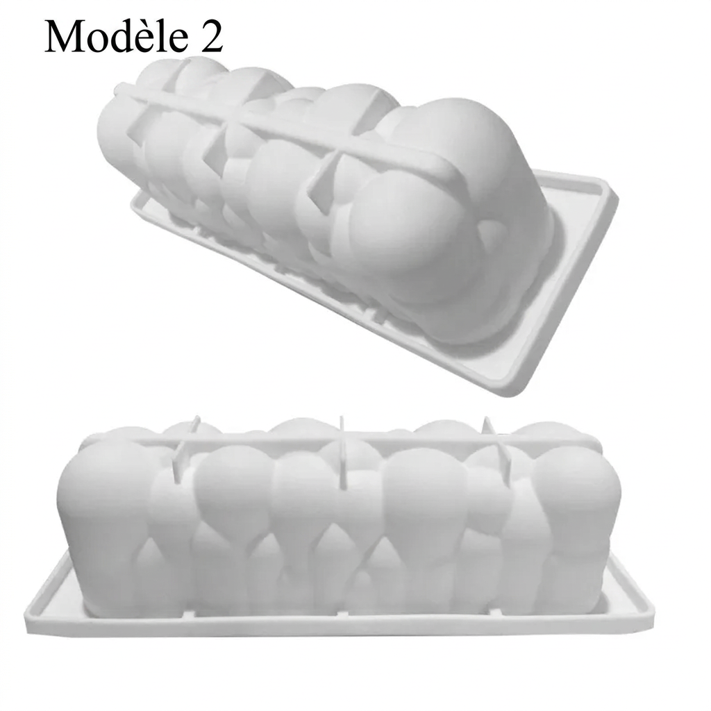 Moule à bûche 3D en silicone blanc, vue de dessus et de face – version française