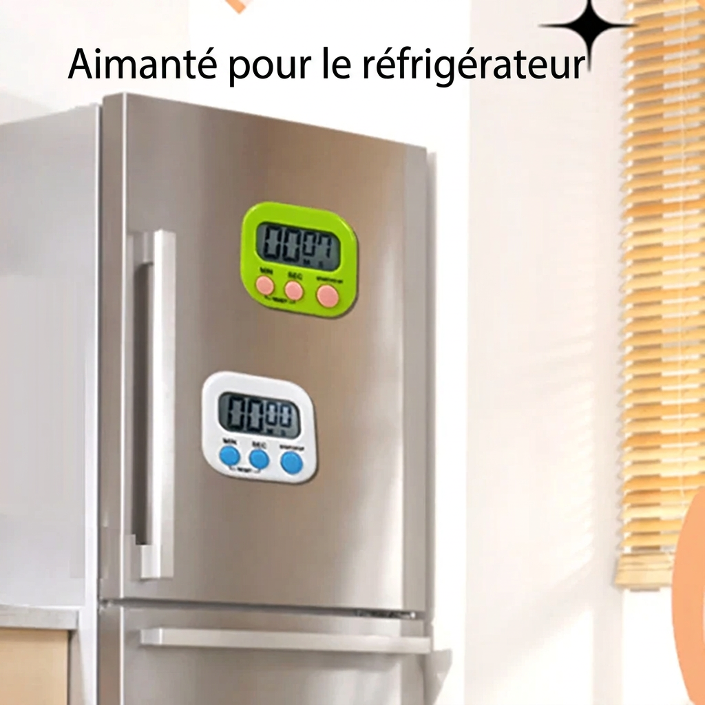 Minuteur de cuisine magnétique fixé sur la porte du réfrigérateur – version française