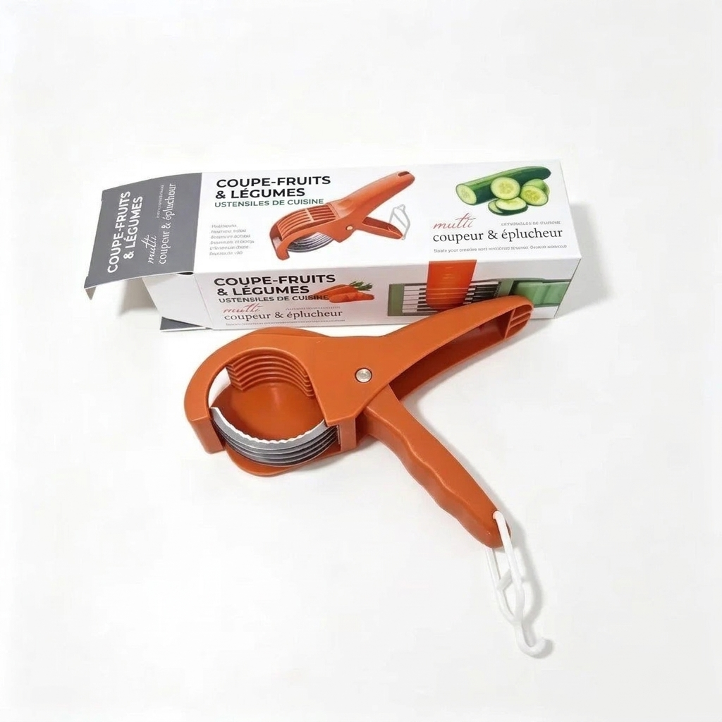 Trancheuse à légumes manuelle à pince – orange avec boîte