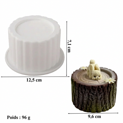 Dimensions du moule tronc d’arbre en silicone : 7,1 cm de haut, 12,5 cm de diamètre – version française