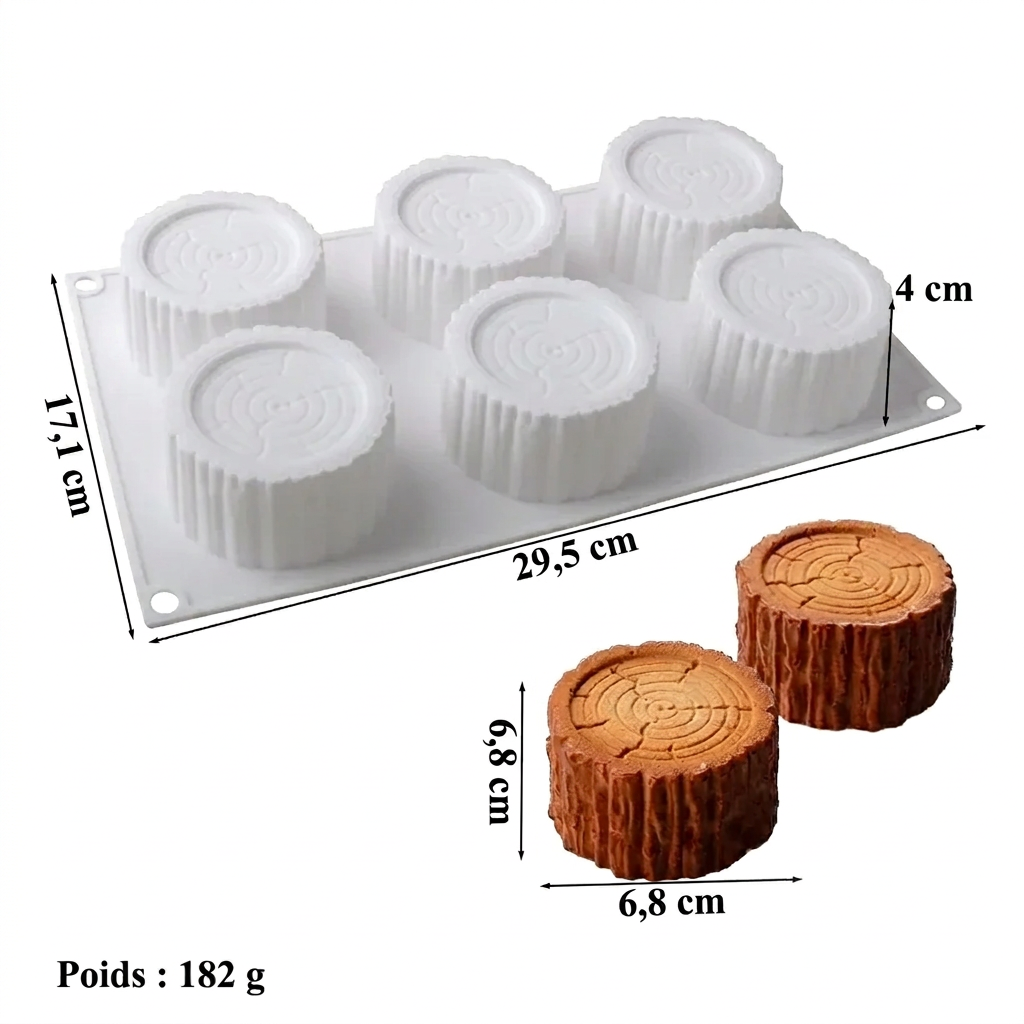 Moule tronc d’arbre en silicone – 6 empreintes, blanc – version française